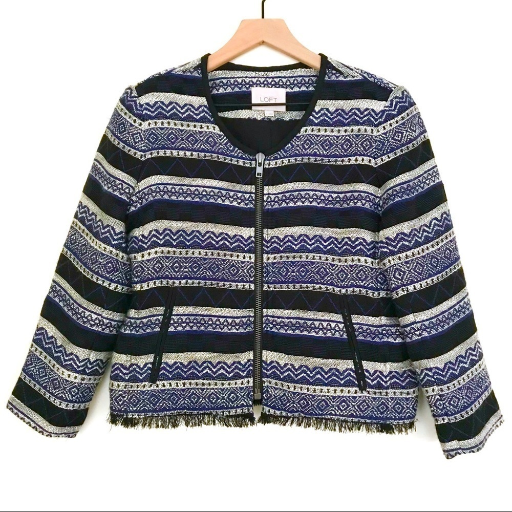 LOFT Striped Pattern Jacket Blazer with Fringe 4